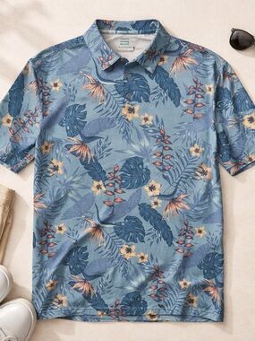 Three Sixty Six Men’s Tropical Performance Polo Shirt Blue Floral Size M NIP